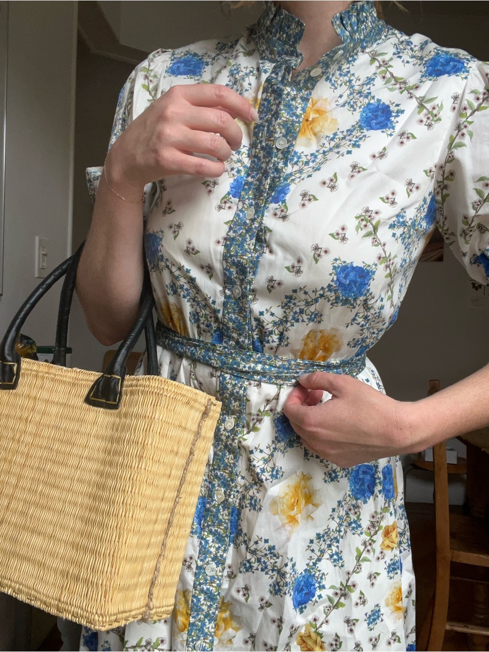 Borgo De Nor Ruffled Midi Dress in White with Blue & Yellow Flowers